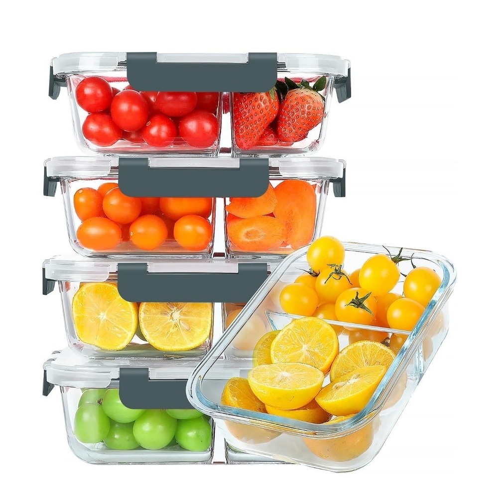 30‎ oz 5 Pack Glass Meal Prep Containers 2 Compartments, Glass Food Storage New